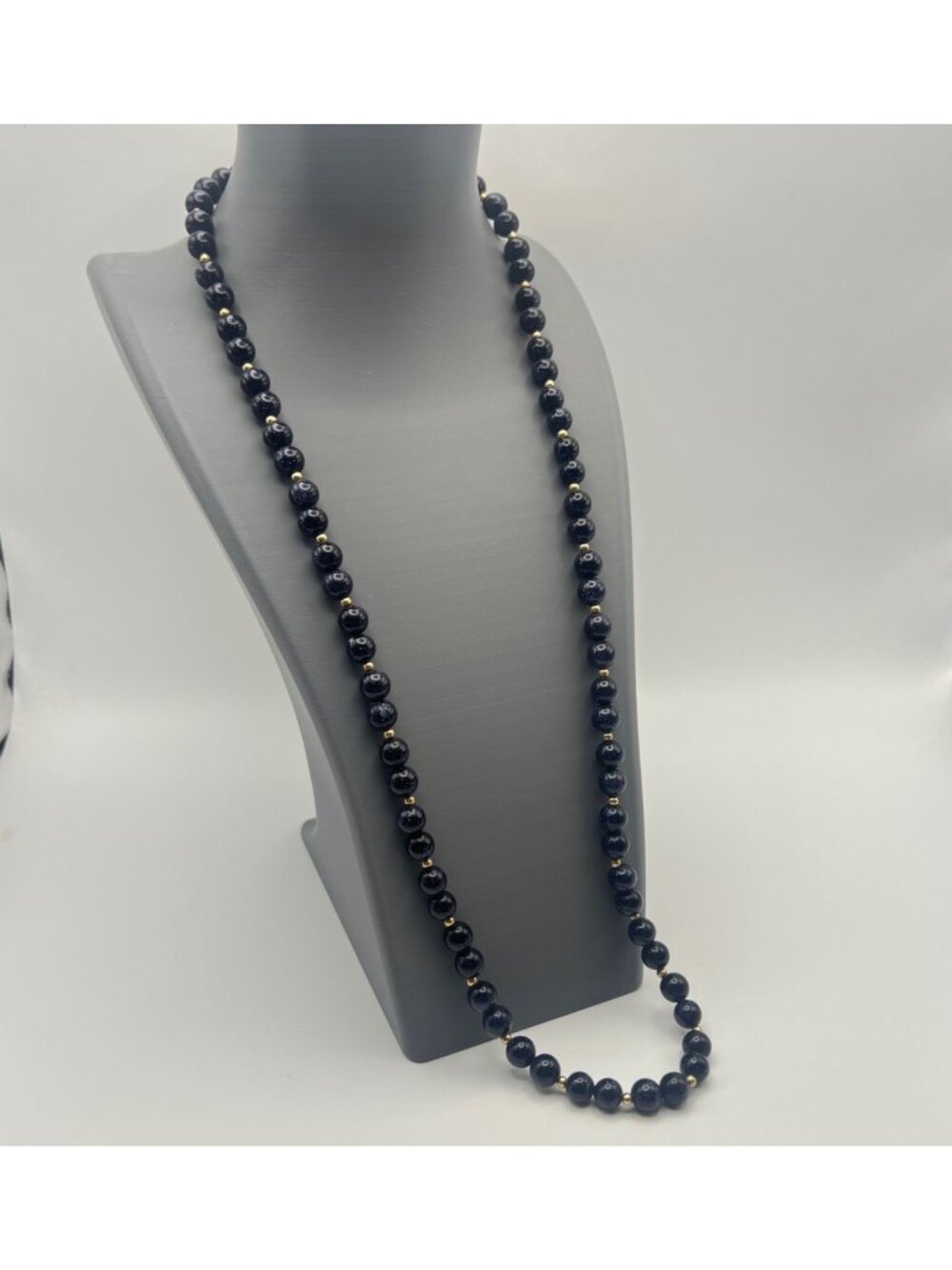 Blue Goldstone Necklace Glass Bead 28" Double Dragon Clasp GoldTone 8mm Sunstone